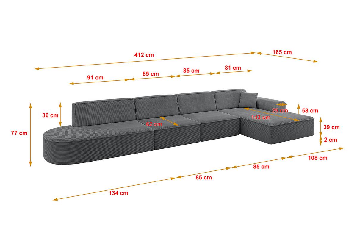 ECKSOFA Ottomane Rechts IREA-L3-v3 - 412x165x77 cm Duneklgrau - Dunkelgrau, Holzwerkstoff/Textil (412/165cm) - ALTDECOR