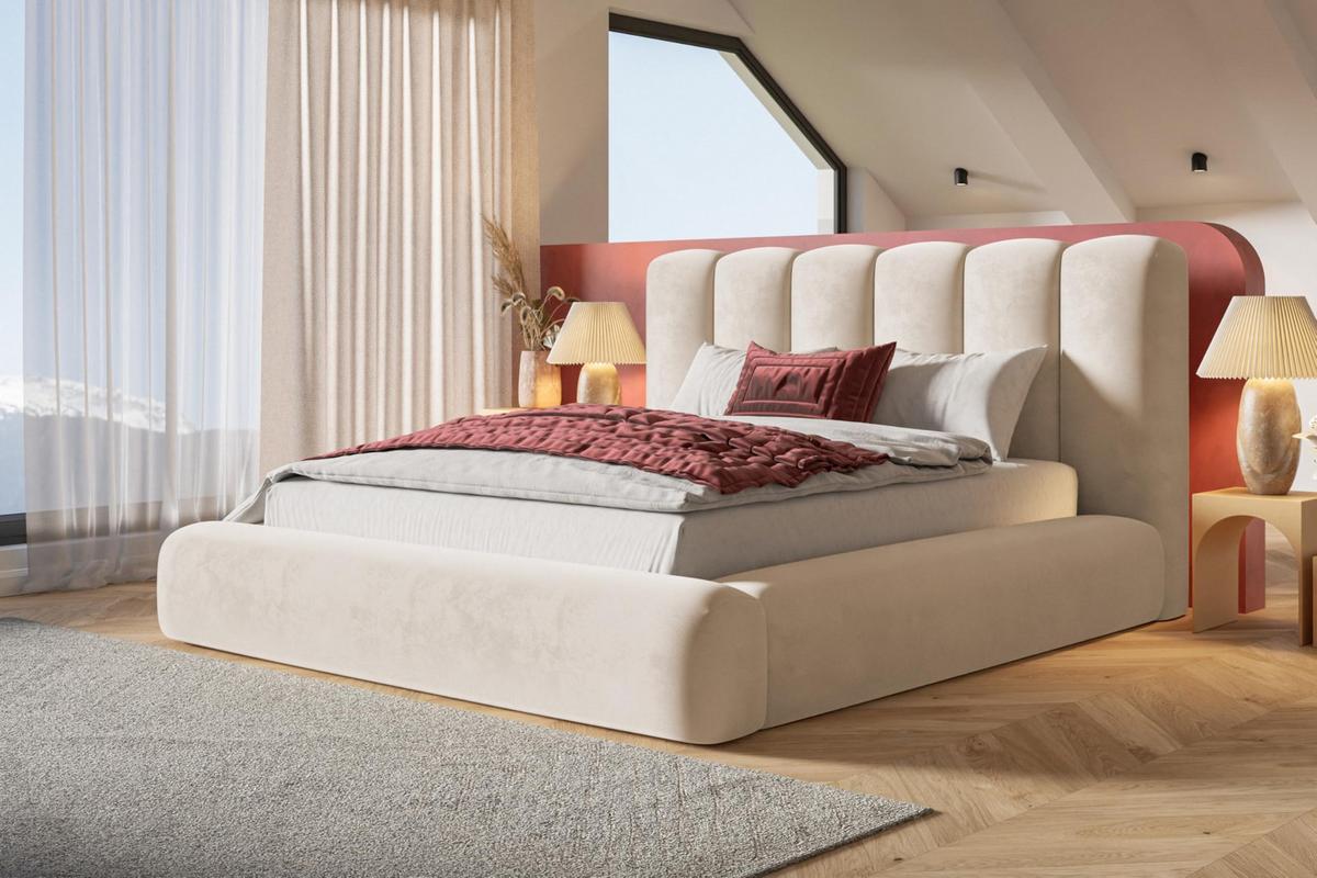 BETT 160x200 - Polsterbett mit Bettkasten und Metallrahmen - Modern Bett - Eleganter Amor-Velvet-Stoff - Kollektion Alva Maxi - Beige - Beige, Holz/Textil (160/200cm) - Alpi-Möbel