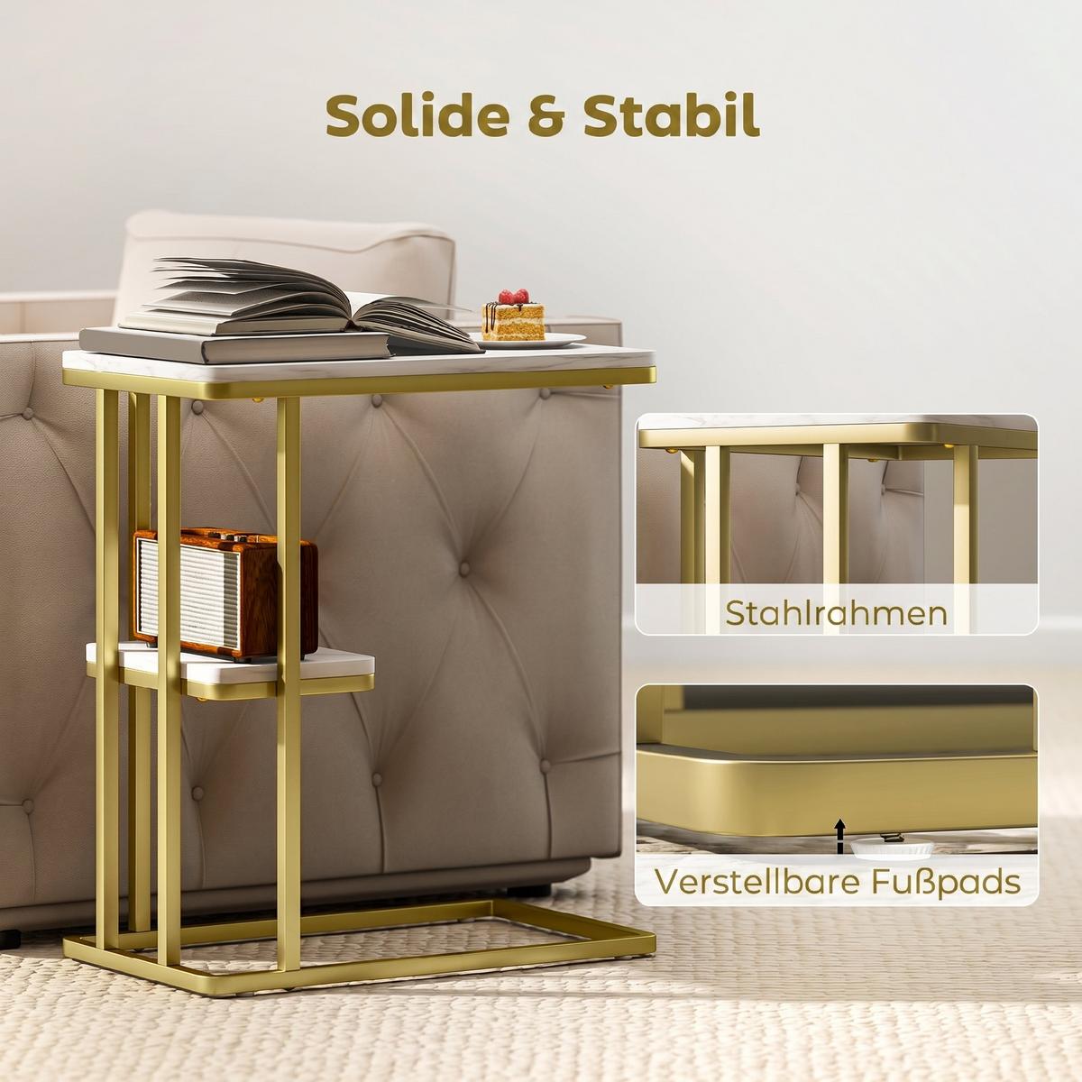 BEISTELLTISCH MDF Stahl Weiß - Goldfarben/Weiß, Holzwerkstoff/Kunststoff (50/30/57.5cm) - HOMCOM