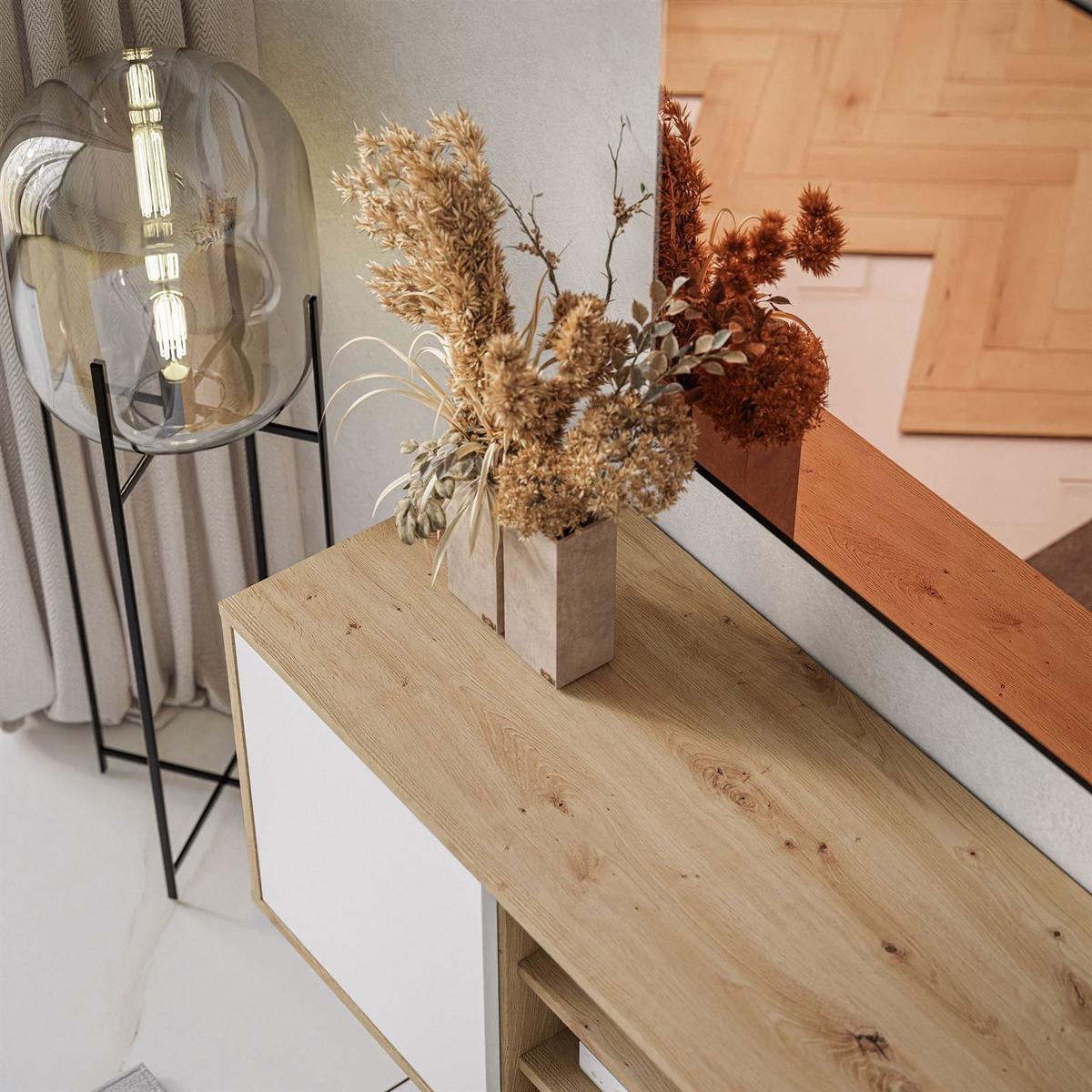 TV-ELEMENT SANAYI II mit Regalen Eiche Artisan/Weiß - Weiß, Holzwerkstoff (156/56/38cm) - Lookway