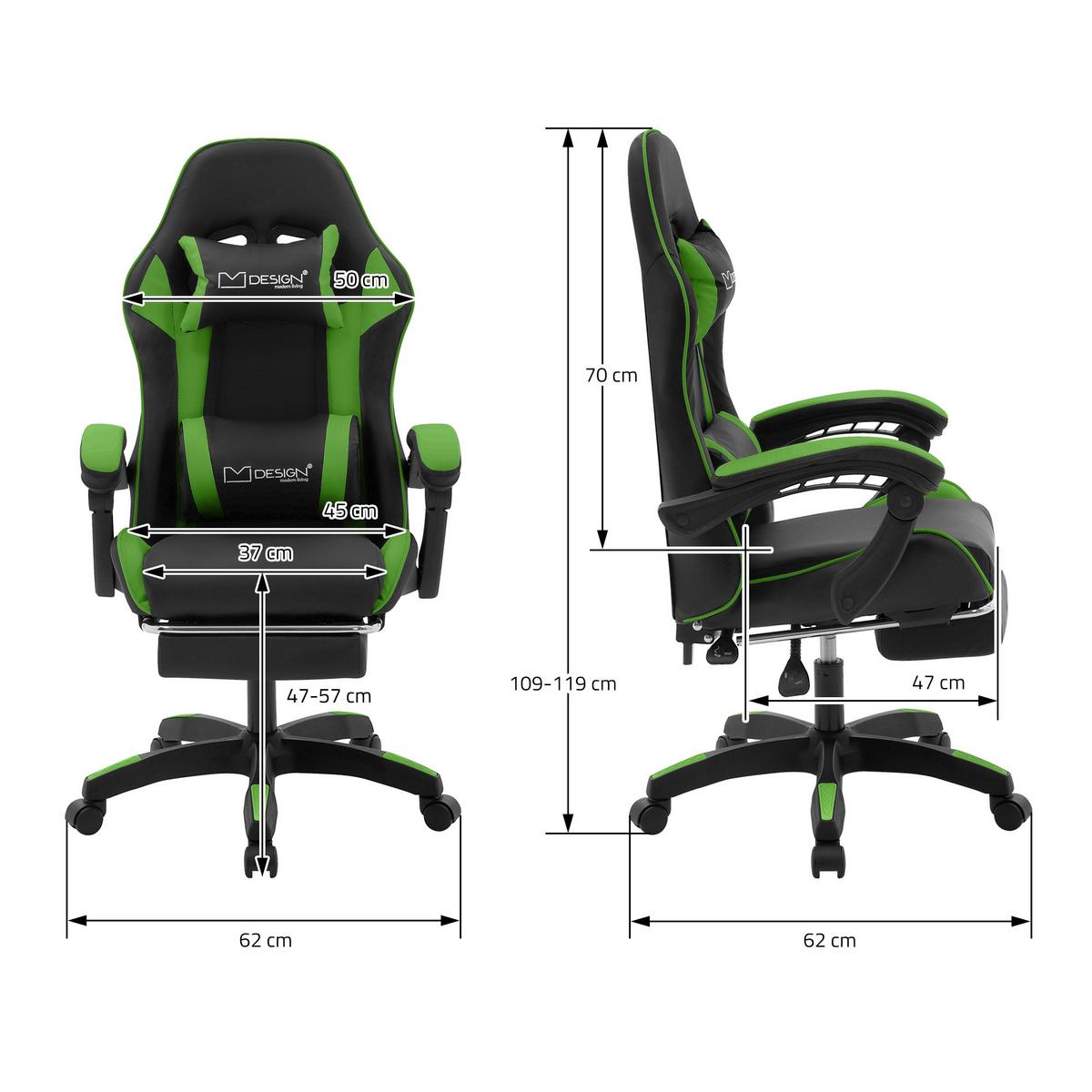 GAMINGSTUHL Schwarz-Grün aus Kunstleder - Schwarz/Grün, Kunststoff/Metall (62/119/62cm) - ML-DESIGN