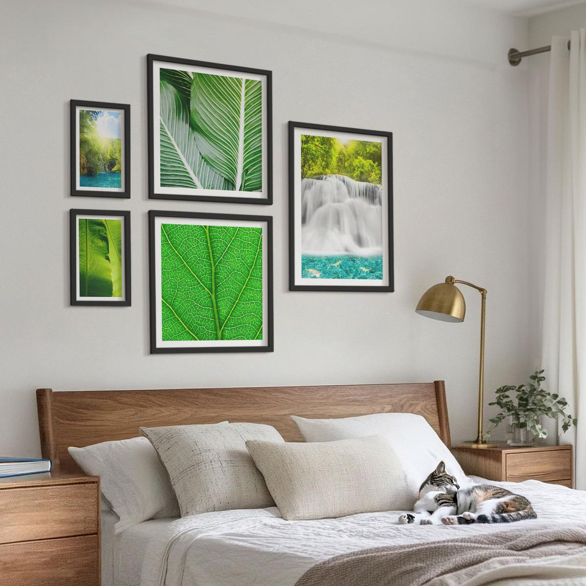 BILDER SET 5er Set - 50x50 cm & 20x30 cm & 40x60 cm Schwarzer Rahmen - Nahaufnahme von tropischen Blättern - Schwarz, Kunststoff (40/60cm) - TULUP