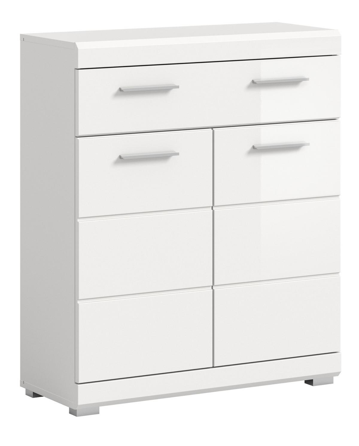 BADKOMMODE weiß Hochglanz 74 x 88 cm, Badschrank 2-türig mit Vollauszug Schubkasten - Weiß Hochglanz/Silberfarben, Holzwerkstoff/Kunststoff (74/88/31cm) - Inn.Furn