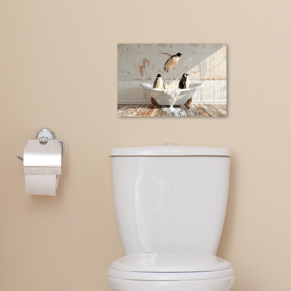LEINWANDBILD Vintage - Pinguin - Badewanne - Schaumstoff Deko Schlafzimmer 30x20 cm - Schwarz, Textil (30/20cm) - MuchoWow