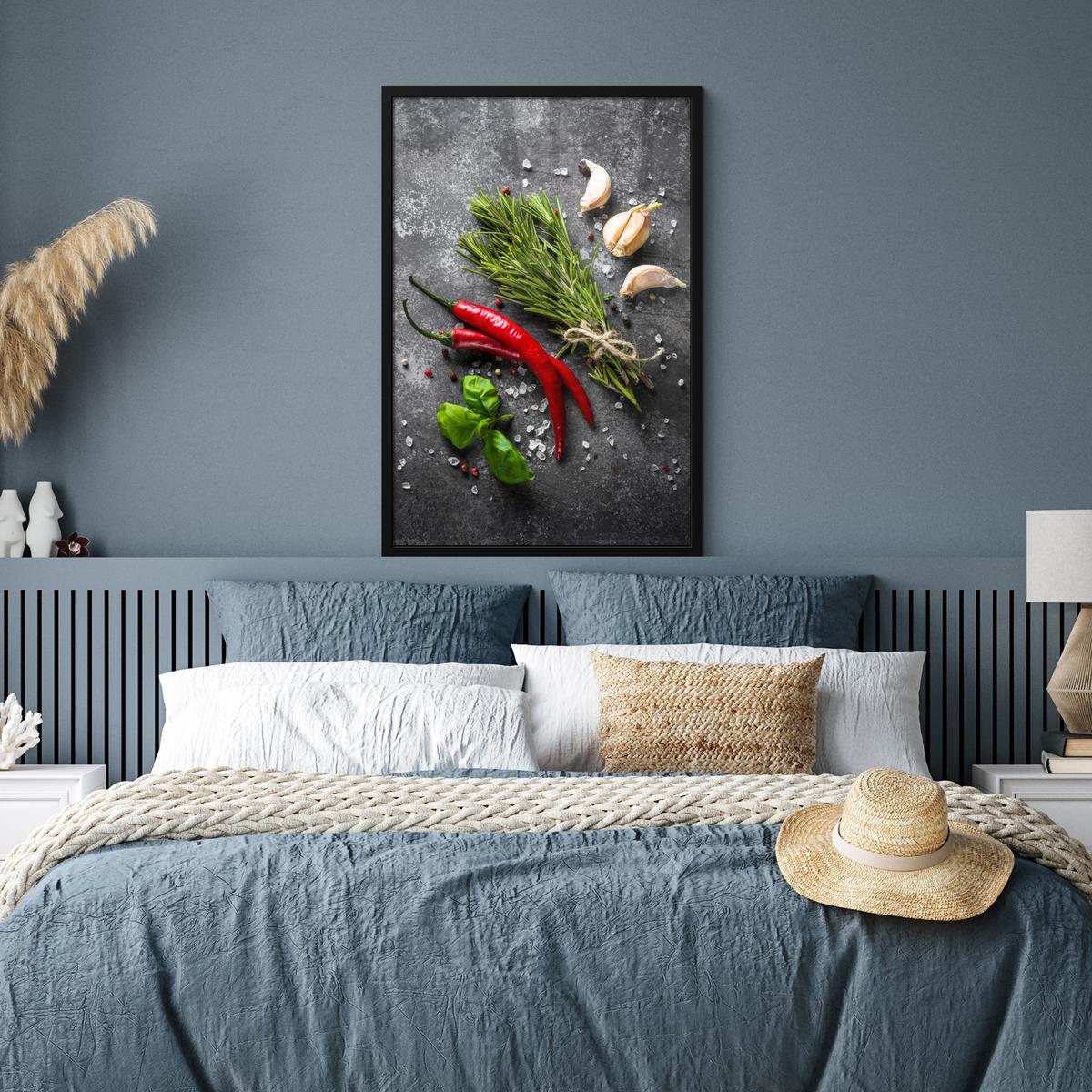 POSTER MIT RAHMENGERAHMTES BILD Pfeffer - Kräuter - Gewürze - Beton 60x90 cm - Dunkelgrau, Papier (60/90cm) - MuchoWow