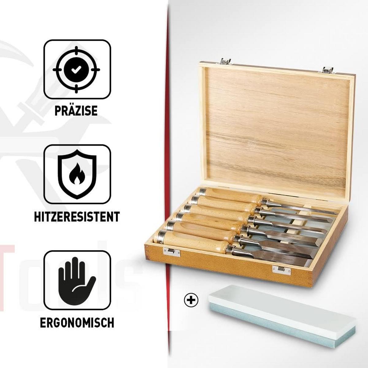 STECHBEITEL 6er-Set mit 2 Schleifsteinen - Braun, Holz - bestTools