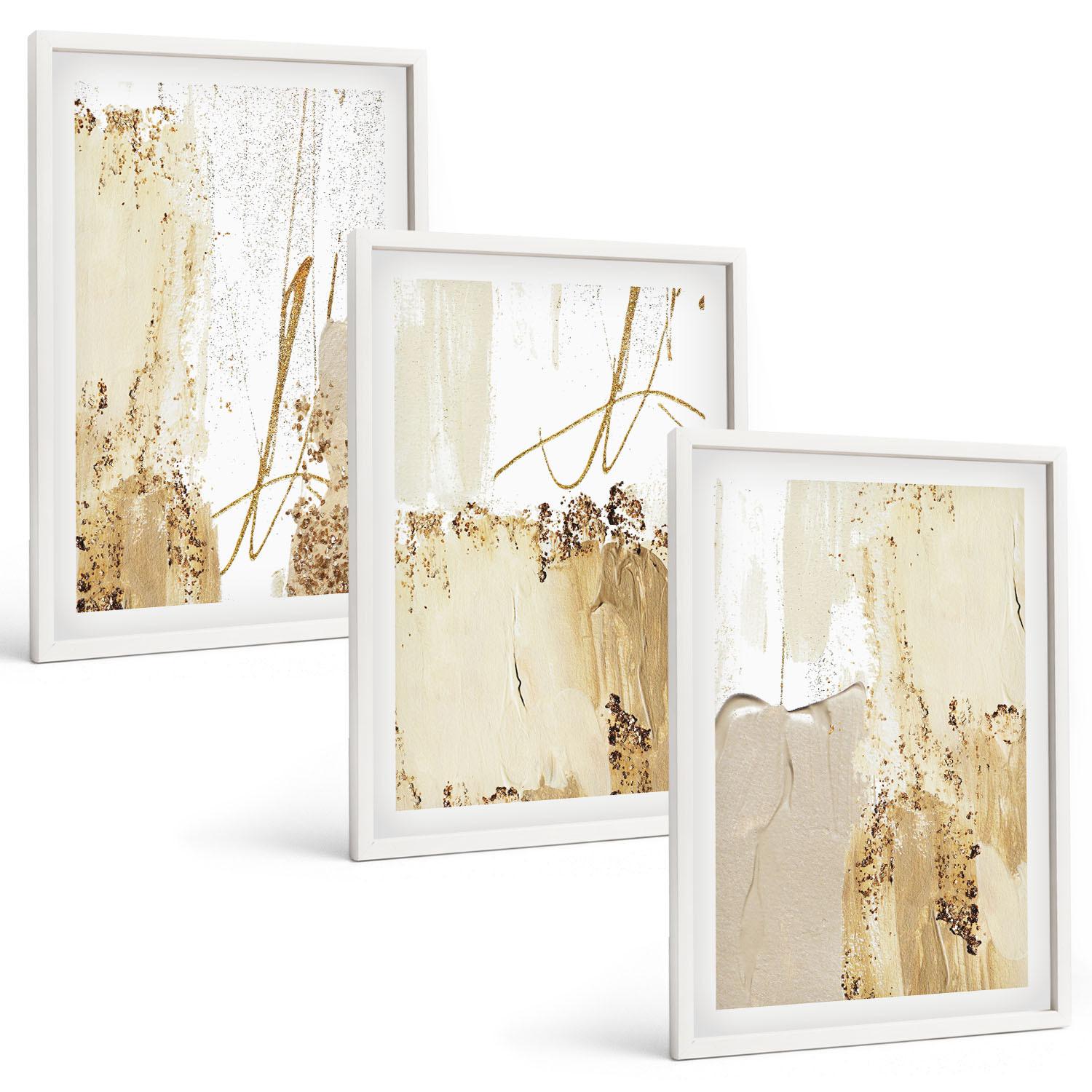 BILDER SET 3er Set - 40x60 cm Weißer Rahmen - Abstrakte Muster beige weiß - Weiß, Kunststoff (40/60cm) - TULUP