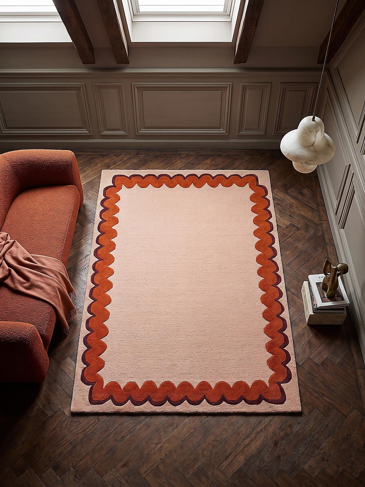 WOLLTEPPICH handgetuftet WAVENEY, Zickzack-Wellenbordüre, Orange, 140 x 200 cm - Orange, Textil (140/200cm) - KADIMA DESIGN