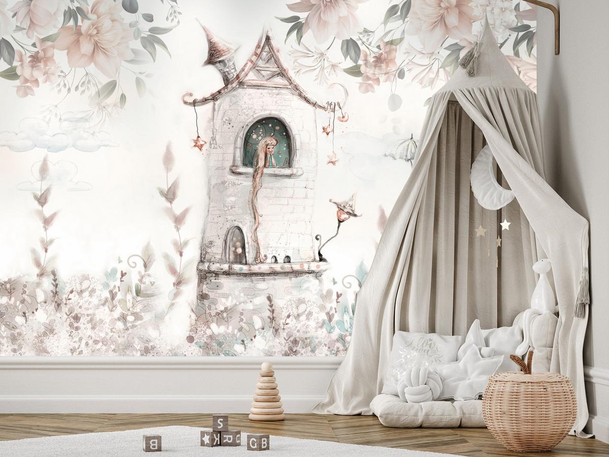FOTOTAPETE für Kinderzimmer Prinzessin Turm Blumen Pflanzen 100x70 - Multicolor, Papier (100/70cm) - Muralo