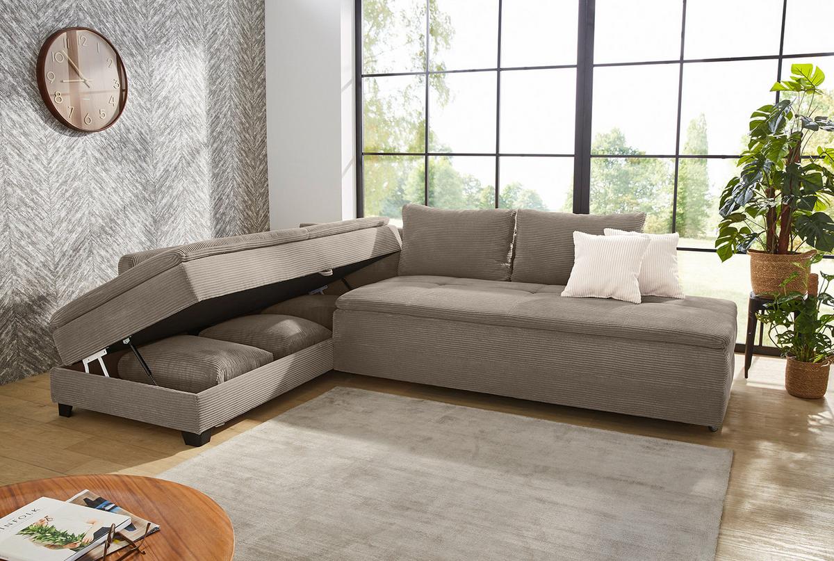 ECKSOFA-DAUERSCHLÄFER Doppelbett Boxspring Federkern Topper, seitenverkehrt montierbar B306/T223/H95 cm, Cord Braun Taupe / 15162 - Schwarz/Braun, Kunststoff/Textil (306/223cm) - luma-home