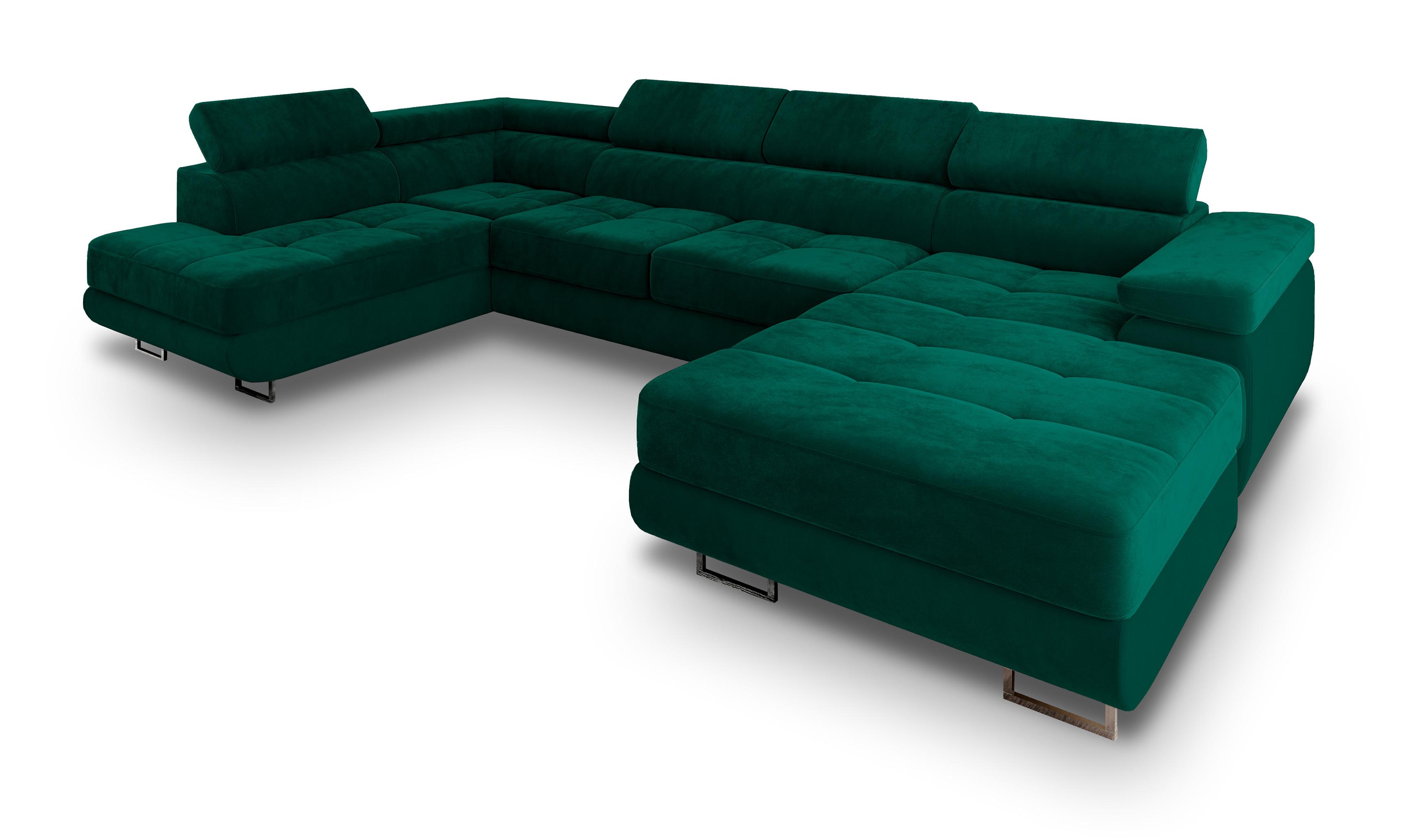 WOHNLANDSCHAFT CASONE L-S Grün Velours-Stoff mit Schlaffunktion - Silberfarben/Grün, Holz/Textil (345/90/202cm) - MASSENO