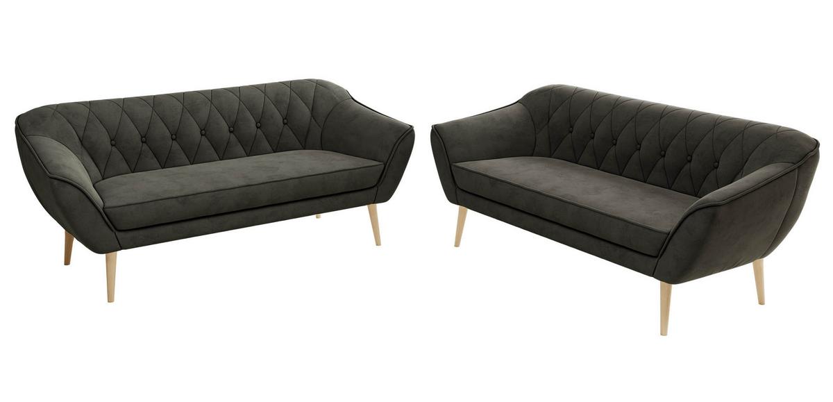 SITZGARNITUR PIRS 3+3 - Dunkelgrau Velvet - Holzbeine - Dunkelgrau/Buchefarben, Holzwerkstoff/Textil (180/75/74cm) - MKS