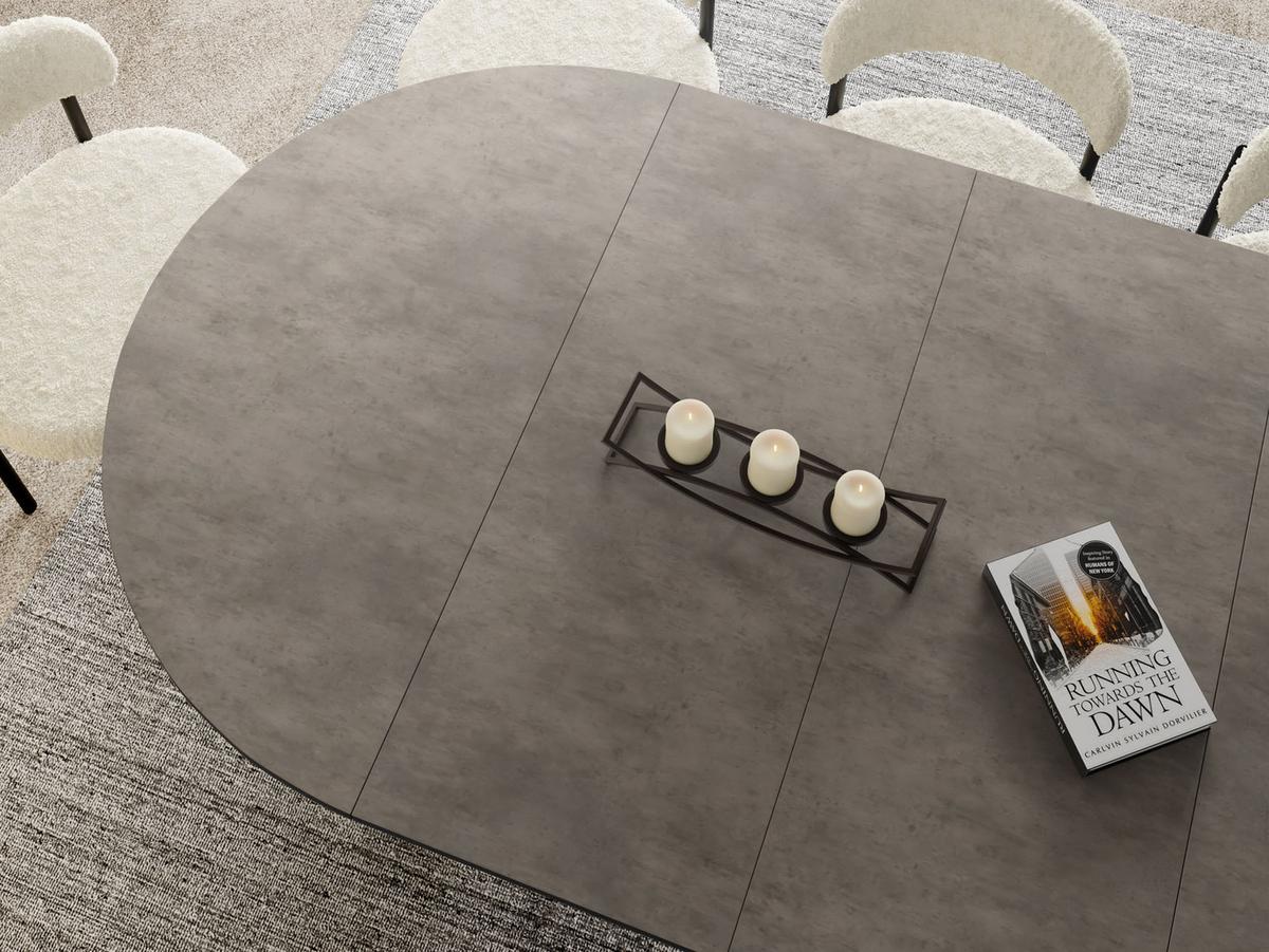 ESSTISCH Naro rund ausziehbar mit Schwarzem Lamellen-Metallgestell, Beton-Optik Dunkelgrau 100-180/100/76 cm - Dunkelgrau/Schwarz, Holzwerkstoff/Metall (100/176/76cm) - WFL GROUP