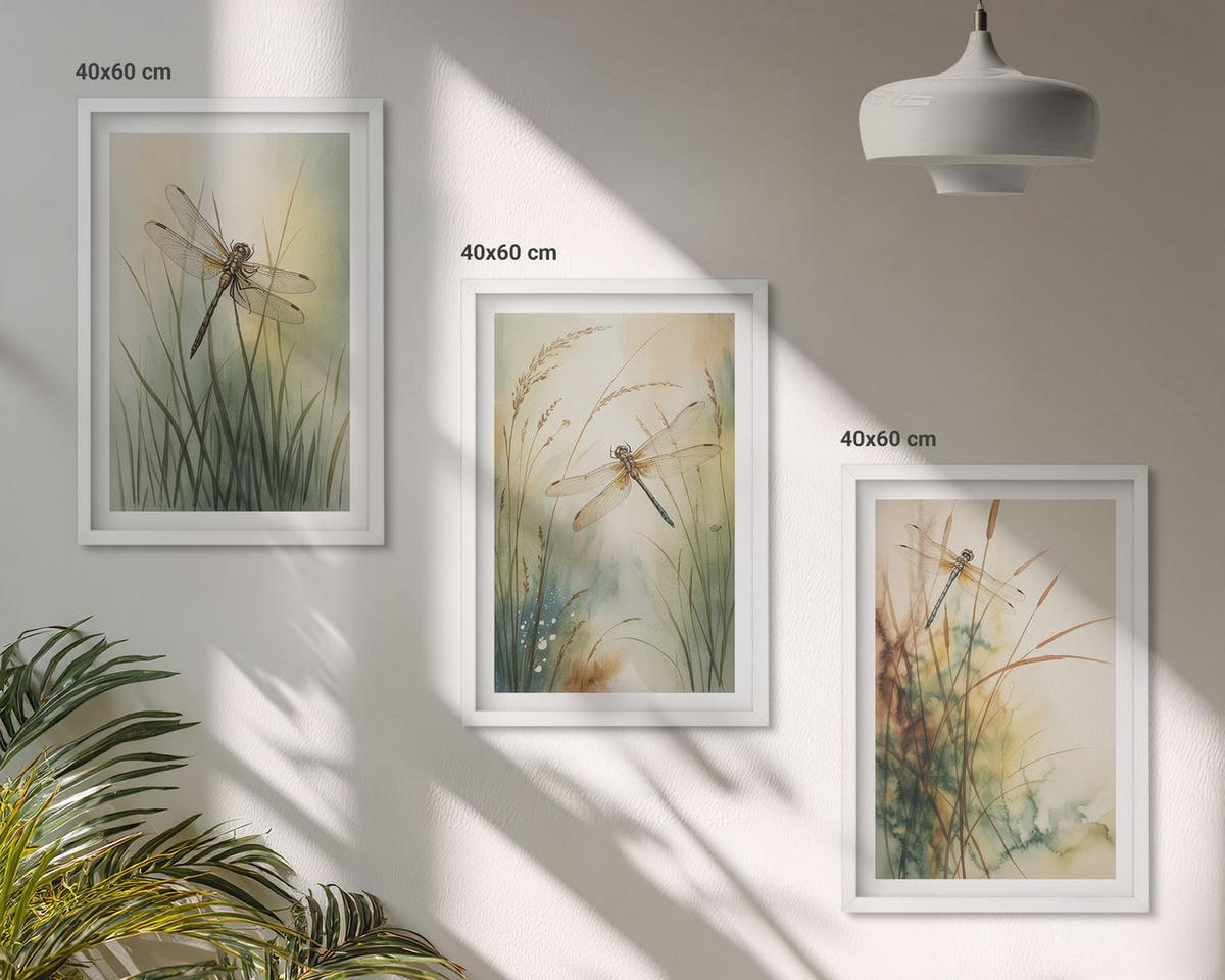 BILDER SET 3er Set - 40x60 cm Weißer Rahmen - Libellengräser über dem Wasser - Weiß, Kunststoff (40/60cm) - TULUP