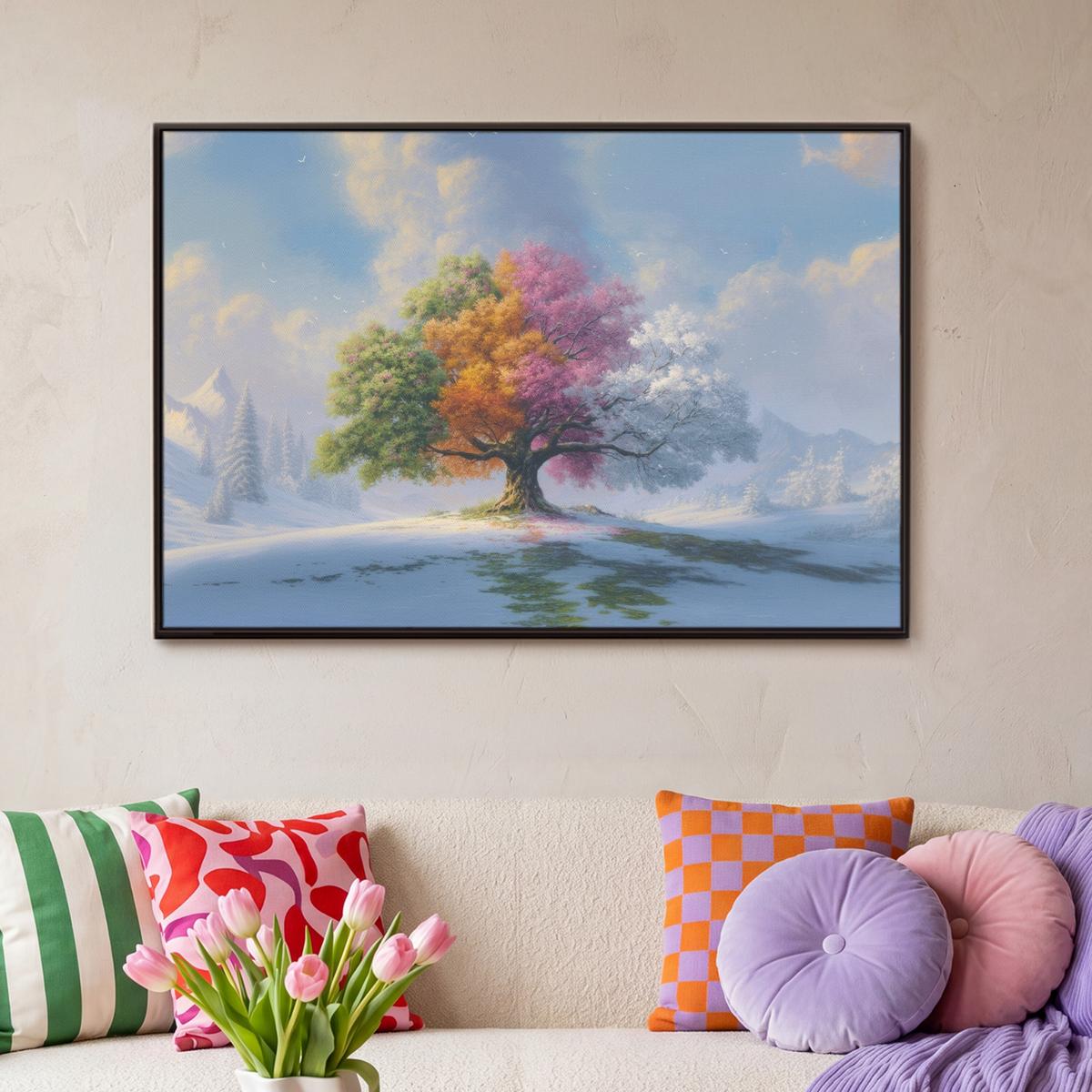LEINWAND Bilder mit Rahmen - Baum - Jahreszeiten - Winter - Landschaft - 90x60 - Multicolor, Textil (90/60cm) - MuchoWow