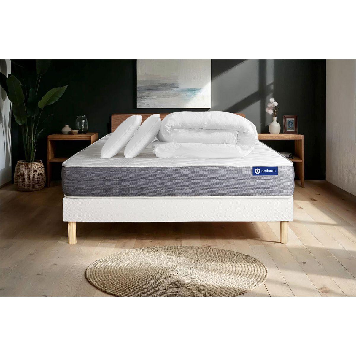 BETT Actiflex dream Taschenfederkern und Memory-Schaum 140 x 200 cm h1 - Kit Bettgestell Weiß - Mit Kissen und Bettdecke - Beige/Weiß, Karton/Holz (140/200cm) - ACTISOM