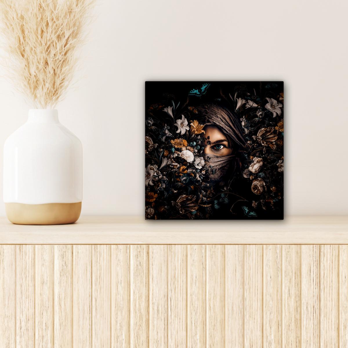 LEINWANDBILD Frau - Luxus - Blumen - Schmetterling - Porträt Deko Wohnzimmer 20x20 cm - Schwarz, Textil (20/20cm) - MuchoWow