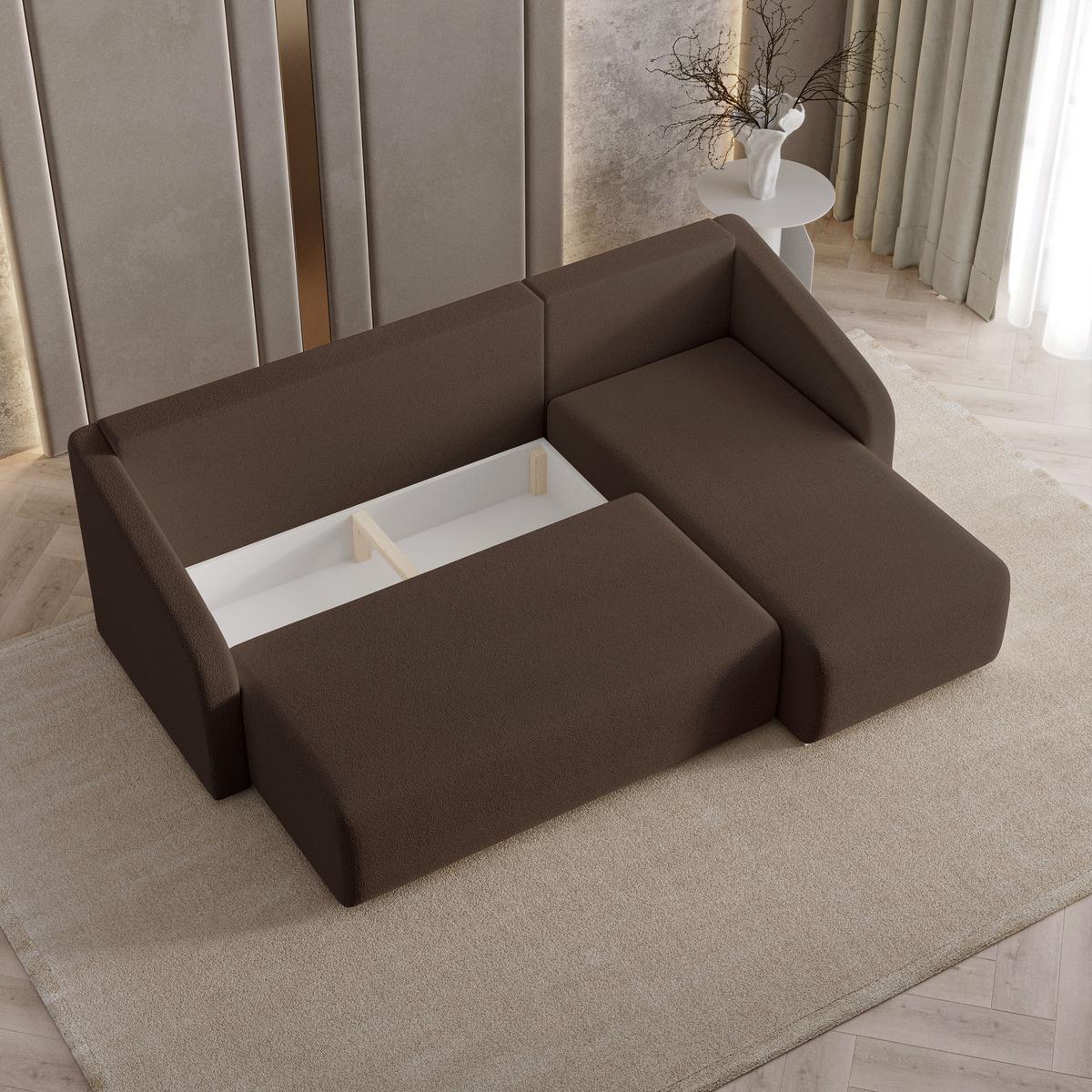 ECKSOFA MARELLO Braun Boucle-Stoff mit Schlaffunktion - Braun, Holz (220/143cm) - MASSENO