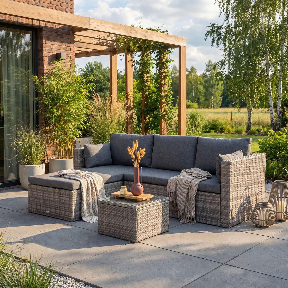 GARTENSET Sevilla, aus Technorattan, Ecksofa mit Couchtisch, Grau - Grau, Kunststoff - Beautysofa