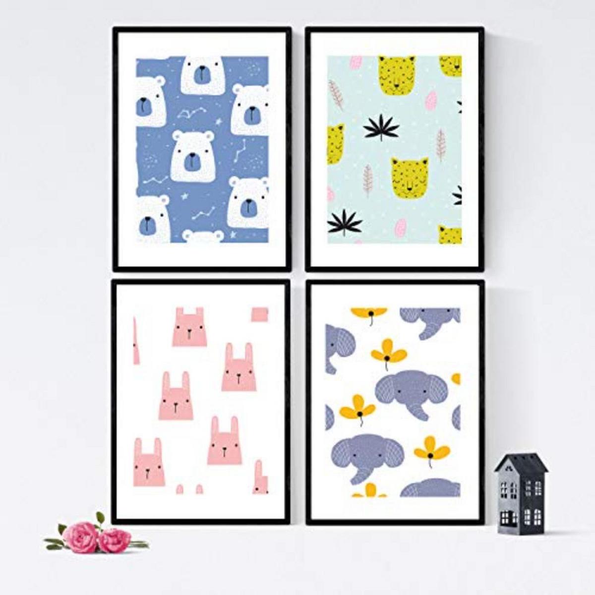 POSTER Set mit 4 Tiere bebe A3 Schwarzer Rahmen - Schwarz, Papier (29.7/3cm) - Nacnic
