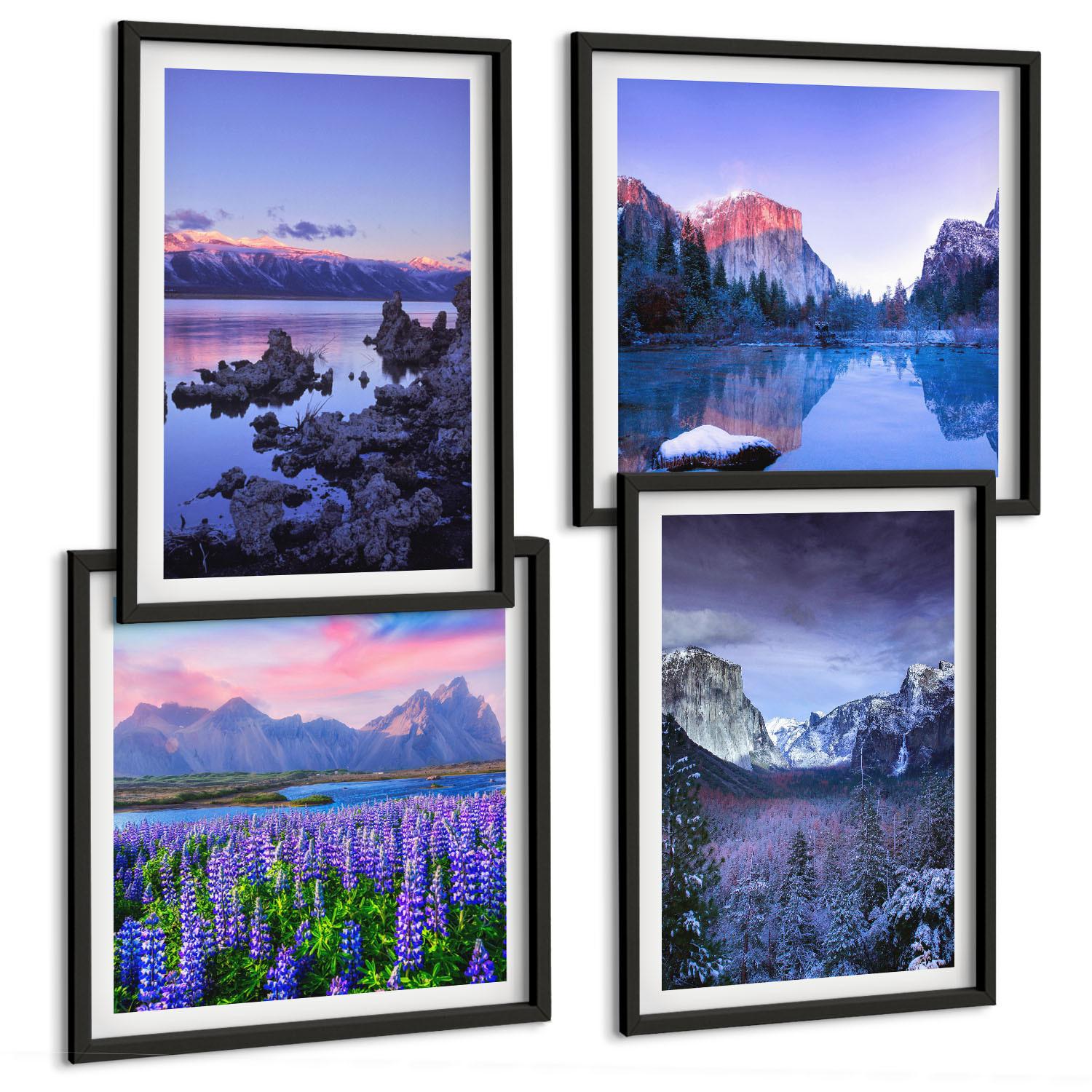 BILDER SET 4er Set - 50x50 cm & 40x60 cm Schwarzer Rahmen - Berglandschaften, Wasser, Blumenfeld - Schwarz, Kunststoff (50/50cm) - TULUP