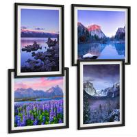 BILDER SET 4er Set - 50x50 cm & 40x60 cm Schwarzer Rahmen - Berglandschaften, Wasser, Blumenfeld - Schwarz, Kunststoff (50/50cm) - TULUP