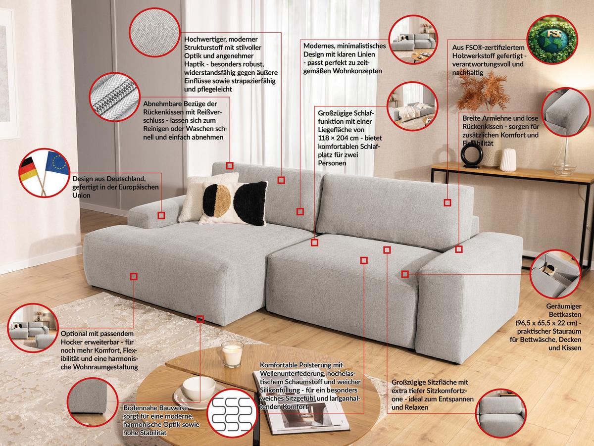 ECKSOFA Lennon aus Beige Strukturstoff mit Schlaffunktion und Bettkasten - Beige/Schwarz, Holz/Kunststoff (137/264cm) - S-Style