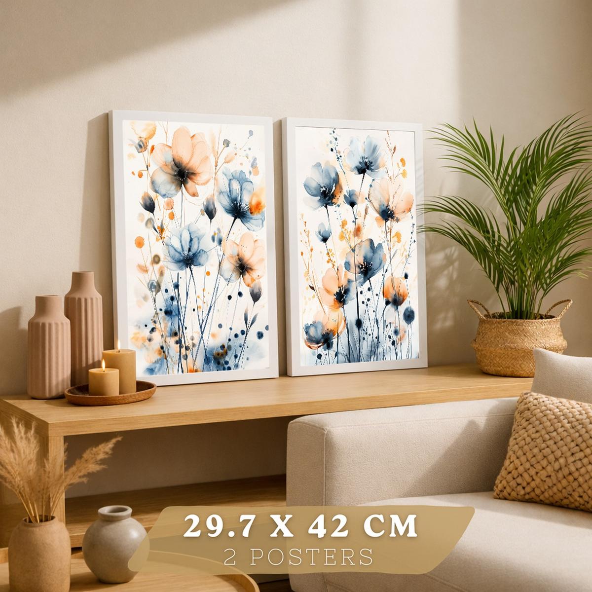 POSTER 2er-Set Wandbilder Blumen Blau Orange Boho modern Wohnzimmer Deko, Schlafzimmer, Küche, Badezimmer Rahmenlos A3 - Weiß, Papier (29.7/1/42cm) - Nacnic