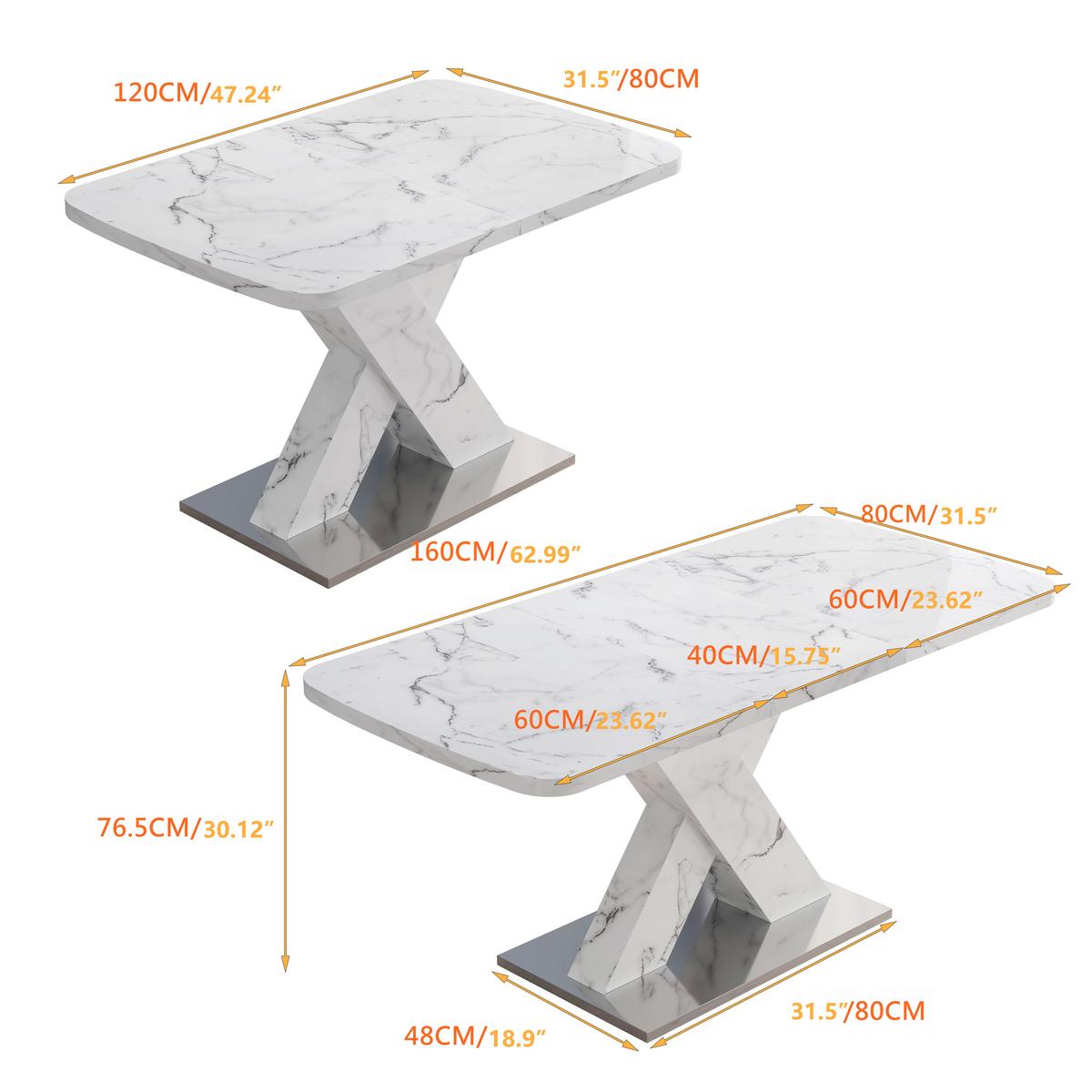 ESSTISCH AUSZIEHBARER Weiß Marmoroptik mit Ausziehfunktion & X-Gestell - Weiß, Holzwerkstoff/Metall (80/160/77cm) - Urban Meuble
