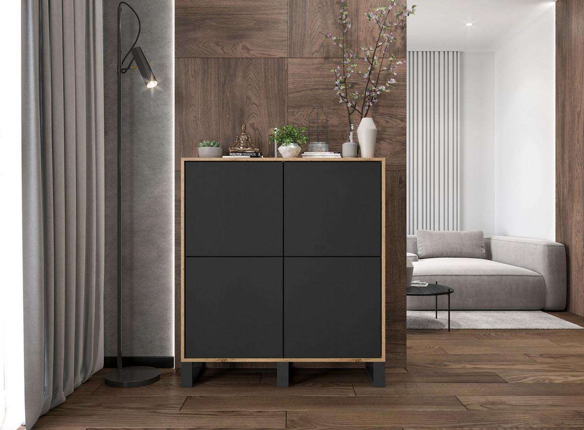 KOMMODE Apollo 4D Eiche wotan Schwarz Matt mit metallbeinen 113 cm - Schwarz, Holzwerkstoff/Metall (113/127/35cm) - Meble Lindner