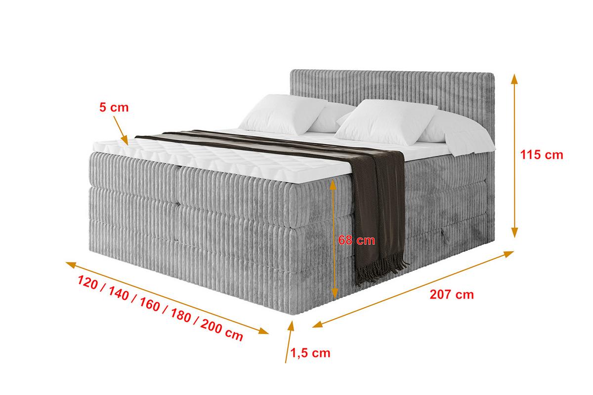 BOXSPRINGBETT mit Matratze H3|H4 und Lattenrost - TOLO KING 180x200 Cord - Hellgrau - Hellgrau, Holzwerkstoff (180/200cm) - ALTDECOR