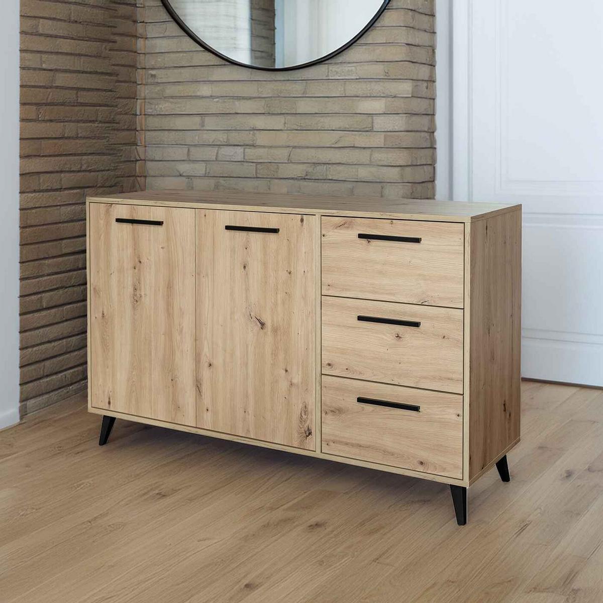KOMMODE FIORA 140/86/41cm mit 3 Schubladen 2 Türen Eiche Artisan - Eiche Artisan, Holzwerkstoff (140/86/41cm) - MASSENO