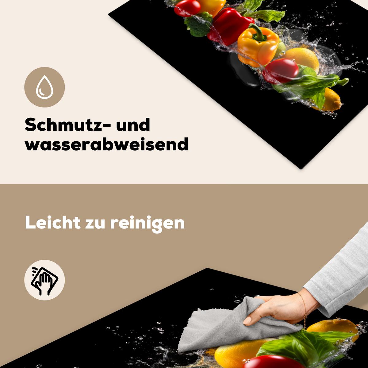 HERDABDECKPLATTE Paprika - Wasser - Gemüse - Schwarz Ceranfeldabdeckung 78x52 cm - Multicolor, Kunststoff (78/52/0.2cm) - MuchoWow
