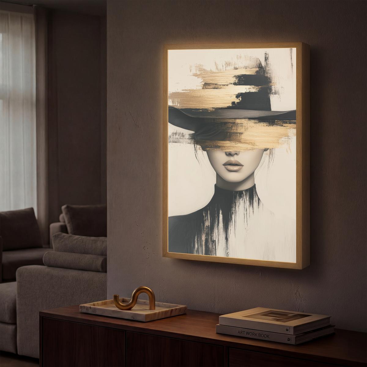 WANDLEUCHTE MIT AKKU Frau - Hut - Farbe 40x60 cm - Creme, Holzwerkstoff (40/60/8cm) - OnlyWow