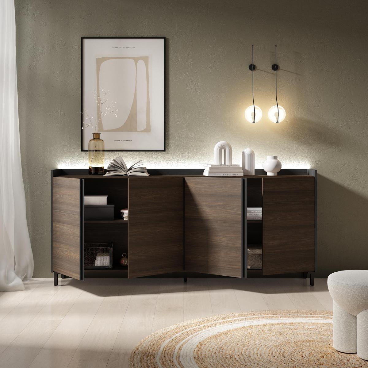 SIDEBOARD, Dunkler Eiche und Schwarz, 207/35/91cm, mit Beinen - Dunkelbraun, Holzwerkstoff (207/91/35cm) - Skraut Home