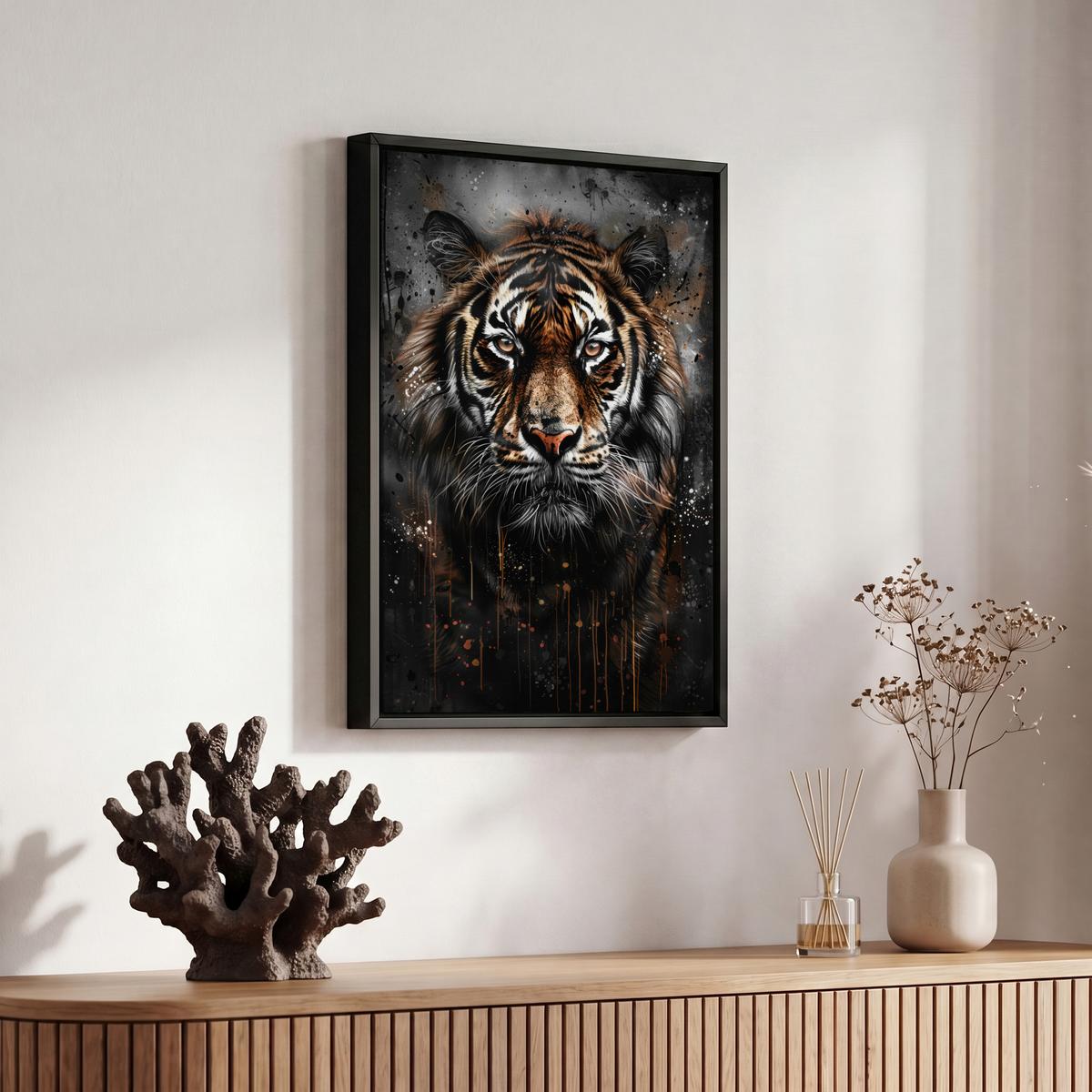 LEINWAND Bilder mit Rahmen - Tiger - Tiere - Porträt - Luxus - Schwarz - 20x30 - Braun, Textil (20/30cm) - MuchoWow