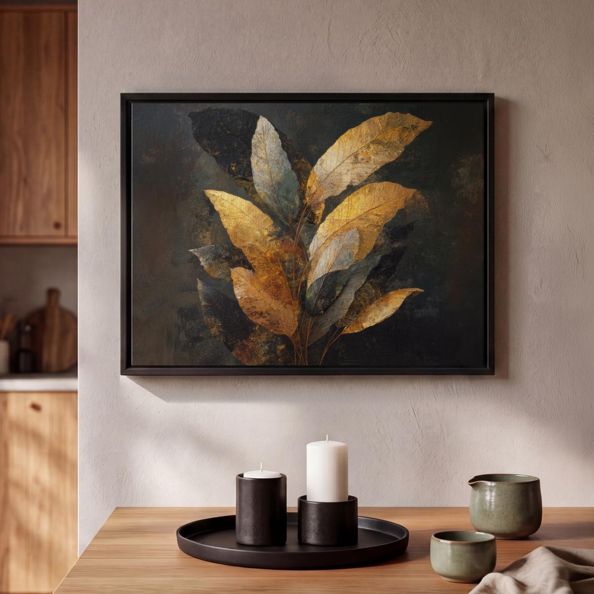 LEINWAND Bilder mit Rahmen - Golden Leaf Komposition - Botanical Luxury - 40x30 - Goldfarben, Textil (40/30cm) - MuchoWow