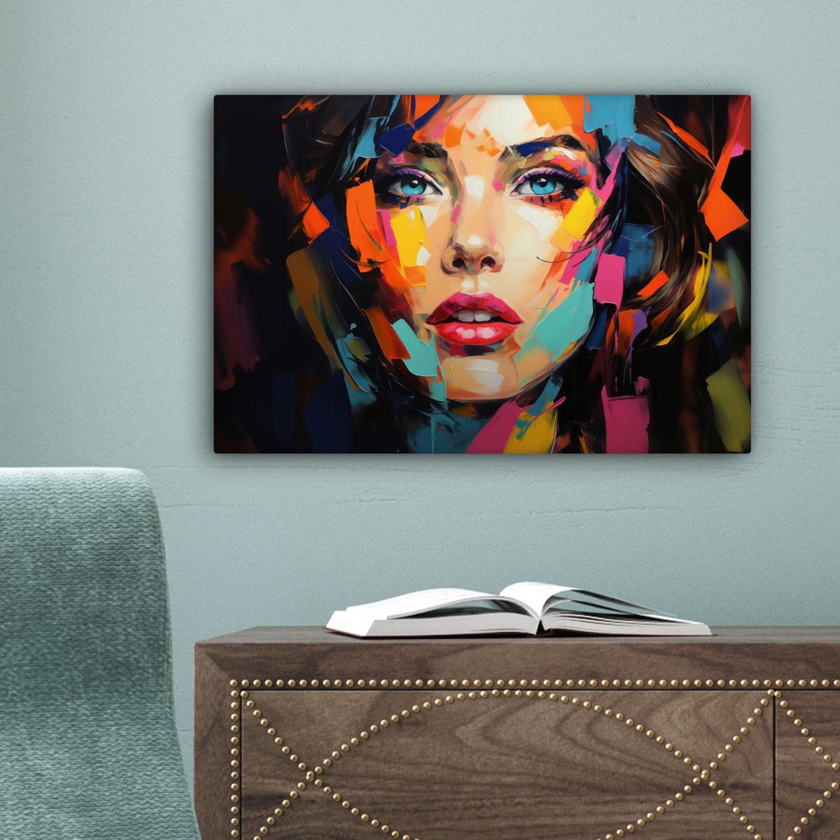LEINWANDBILD Frau - Porträt - Farbenfroh - Kunst Deko Schlafzimmer 30x20 cm - Multicolor, Textil (30/20cm) - MuchoWow