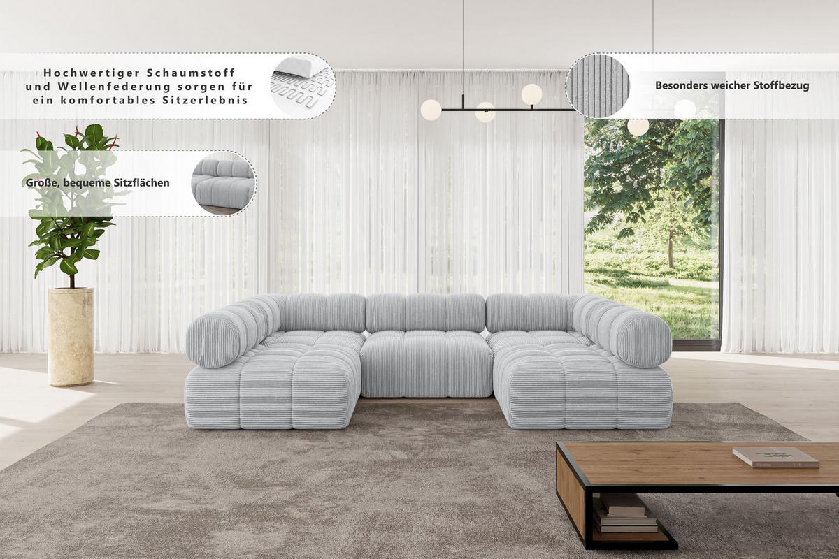 WOHNLANDSCHAFT modulares Sofa Garvo-U1 - 285x190x70 cm Hellgrau Bouclé - Hellgrau, Holzwerkstoff/Textil (285/70/190cm) - ALTDECOR