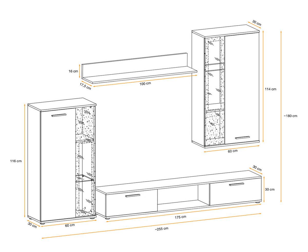 WOHNWAND Eiche, schwarz 255 cm Lamellenoptik, Schrankwand mit Beleuchtung - Eichefarben/Schwarz, Glas/Holzwerkstoff (255/180/30cm) - Furn.Design