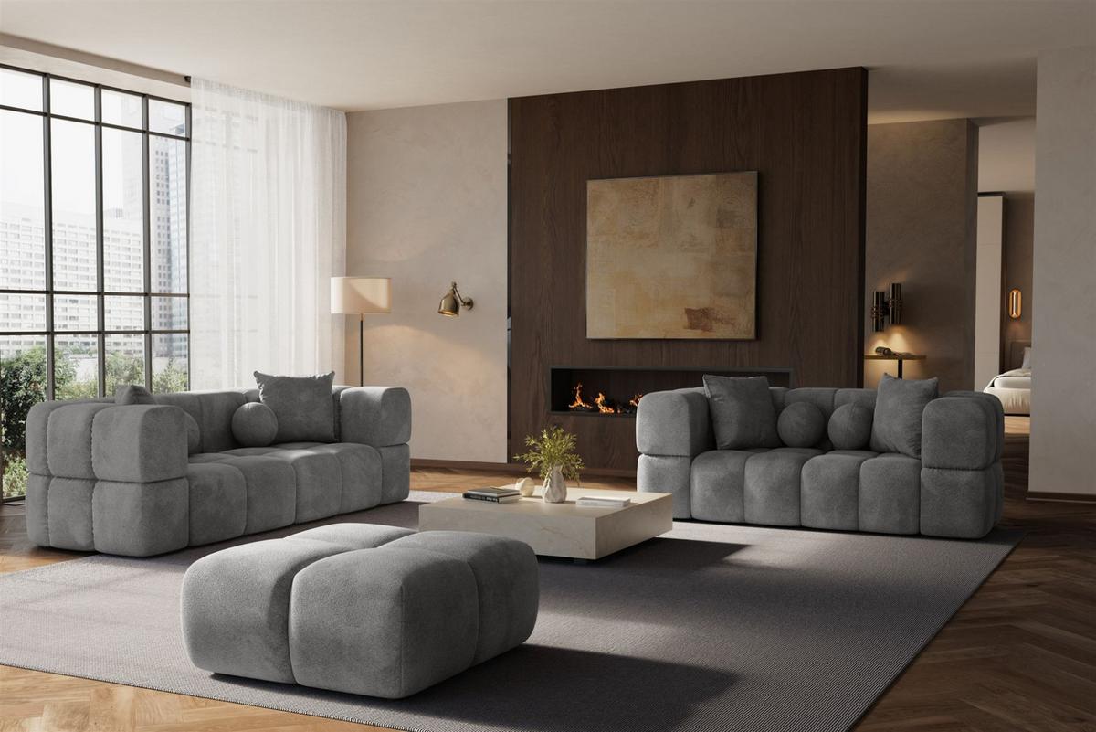 SOFASET Vega 3-2 Inkl. Hocker - Grau, Holzwerkstoff/Textil (250/77/103cm) - Fun Möbel