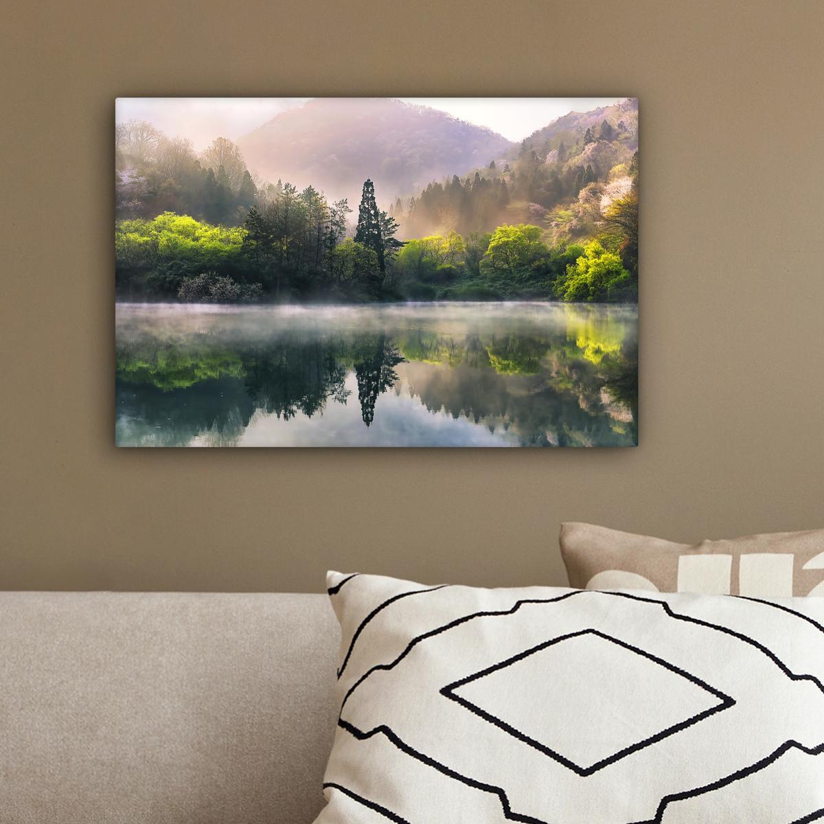 LEINWANDBILD Natur - Bäume - Berge - See - Wasser Deko Schlafzimmer 30x20 cm - Hellgrün, Textil (30/20cm) - MuchoWow