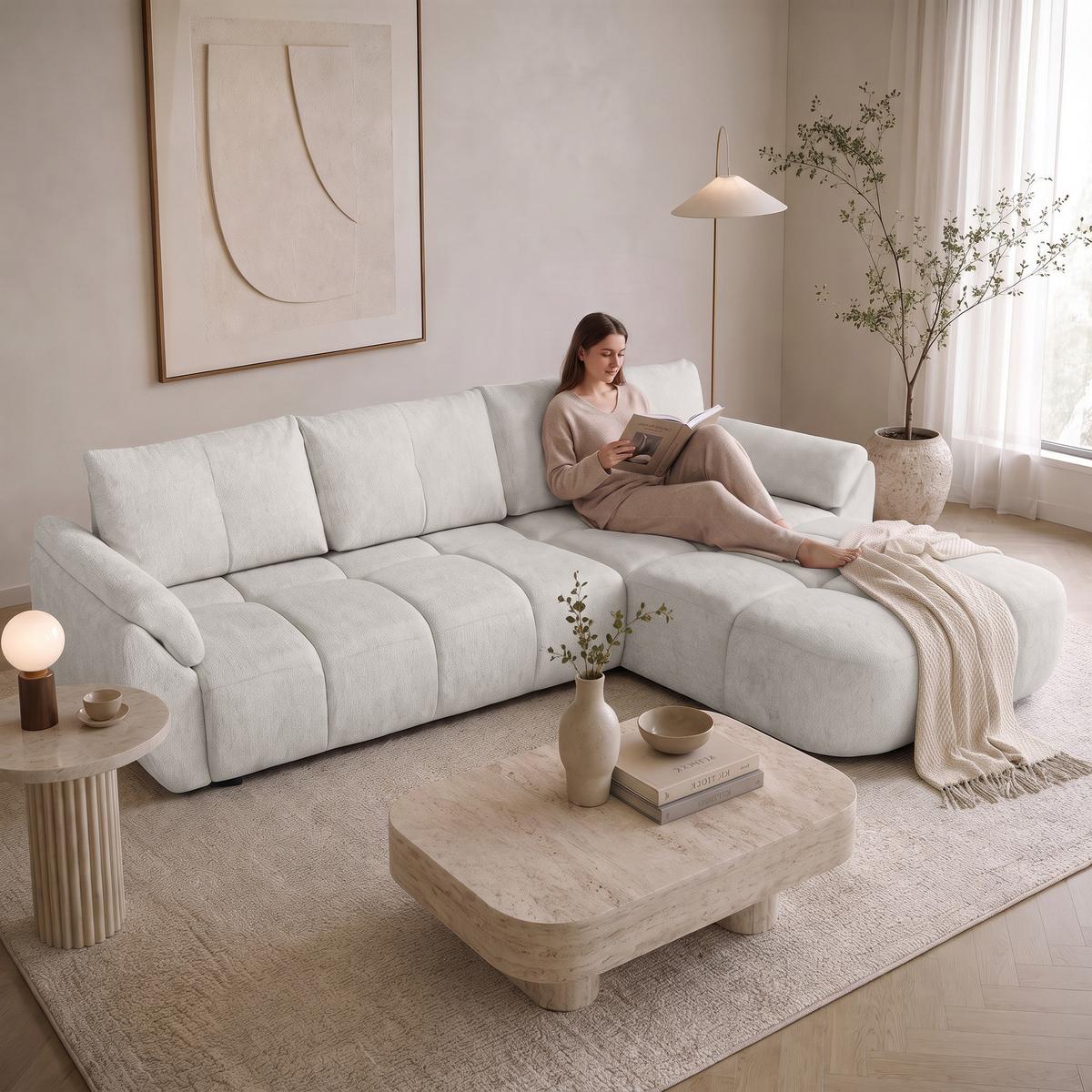 ECKSOFA Massimo, universelle Eckschlafsofa 280 cm mit Schlaffunktion und Bettkasten, Creme - Creme, Textil (283/204cm) - Beautysofa