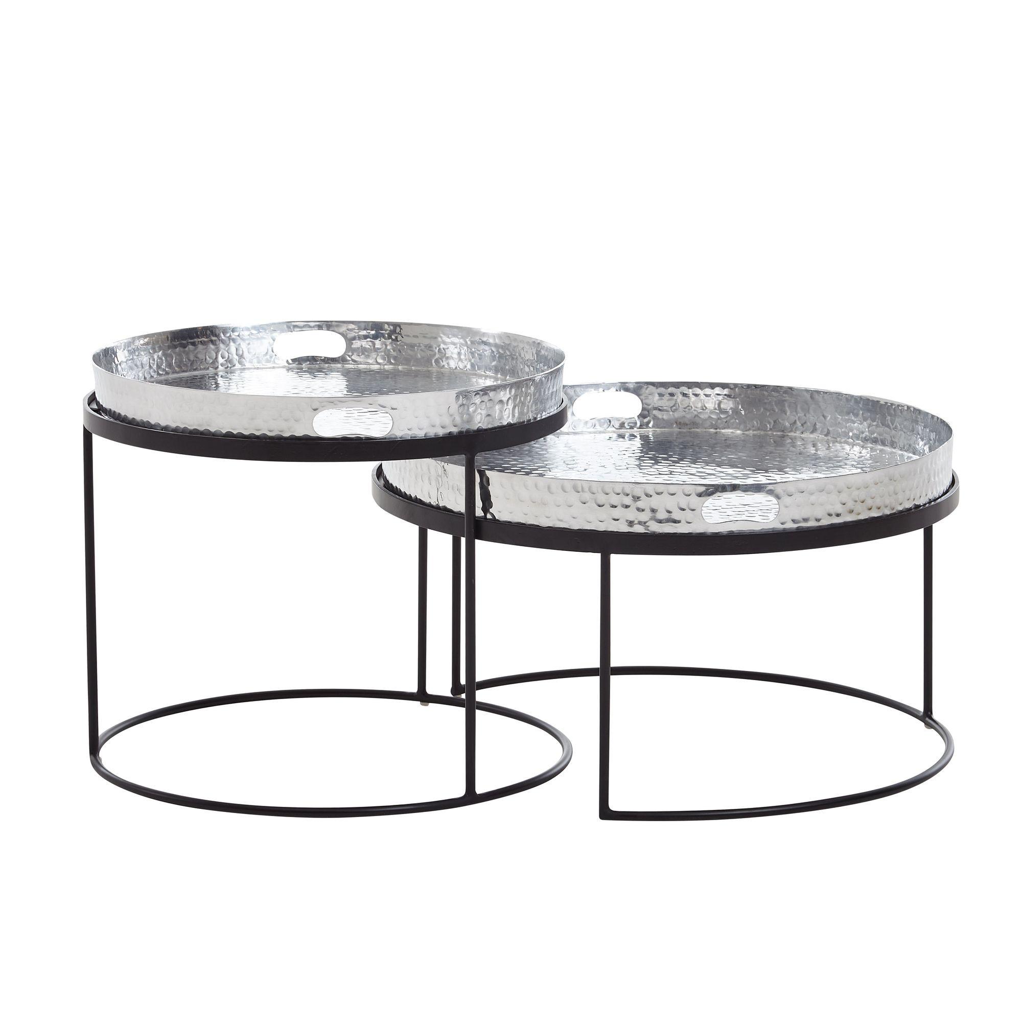 COUCHTISCH 2er Set Metall Rund Hammerschlag Abnehmbares Tablett, Silbern 56x56x33 cm - Silberfarben/Schwarz, Metall (56/56/33cm) - KADIMA DESIGN