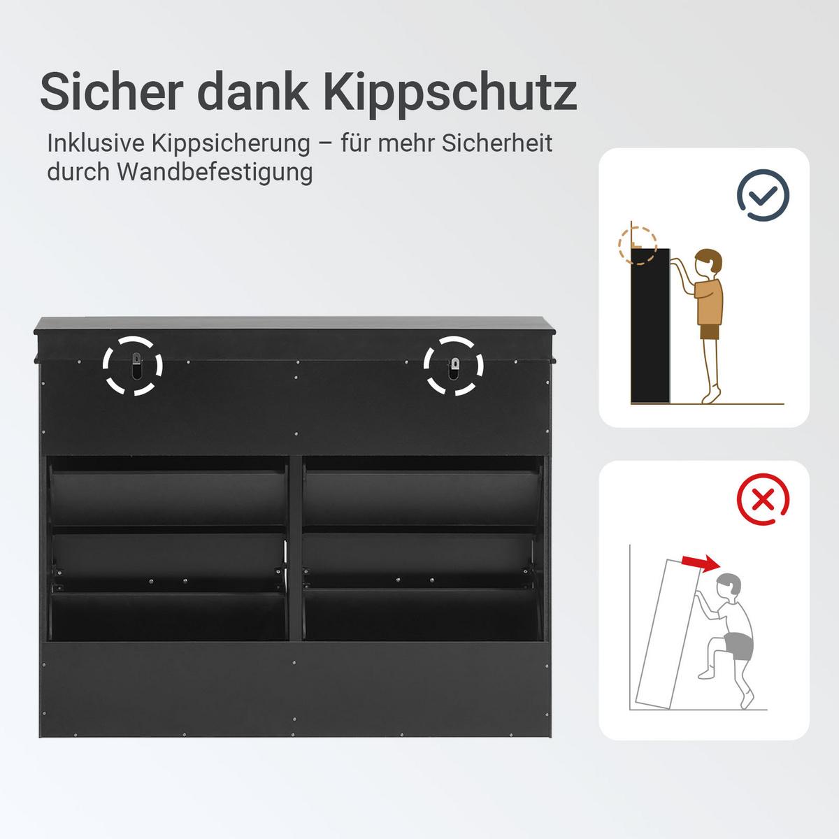 SCHUHSCHRANK schwarz, nur 24 cm tief, 4 Klappen für 16 Paar, für schmale Flure & hinter der Tür - Schwarz, Holzwerkstoff (105/82/24cm) - SoBuy