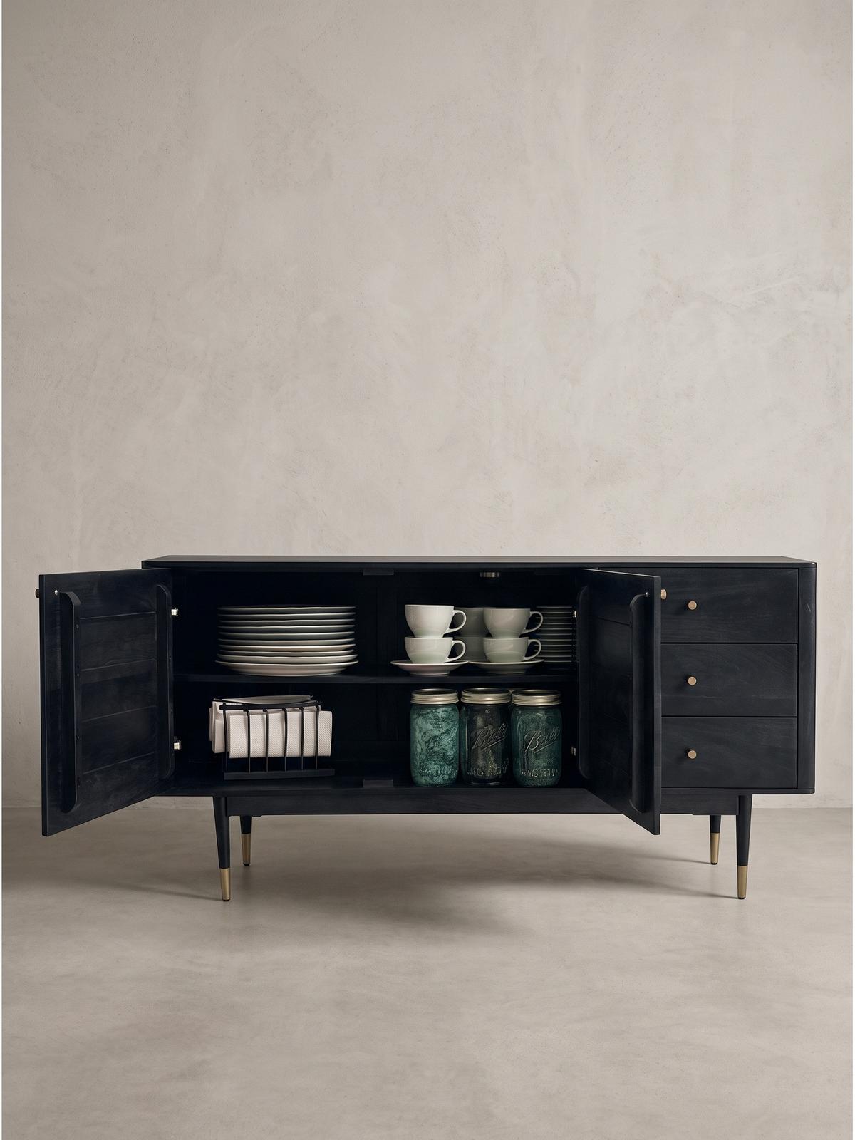 KOMMODE PANAREA, Akazie Massivholz, mit Stauraum, Schwarz, 160 x 42 x 81 cm - Schwarz, Holz/Metall (160/81/42cm) - KADIMA DESIGN