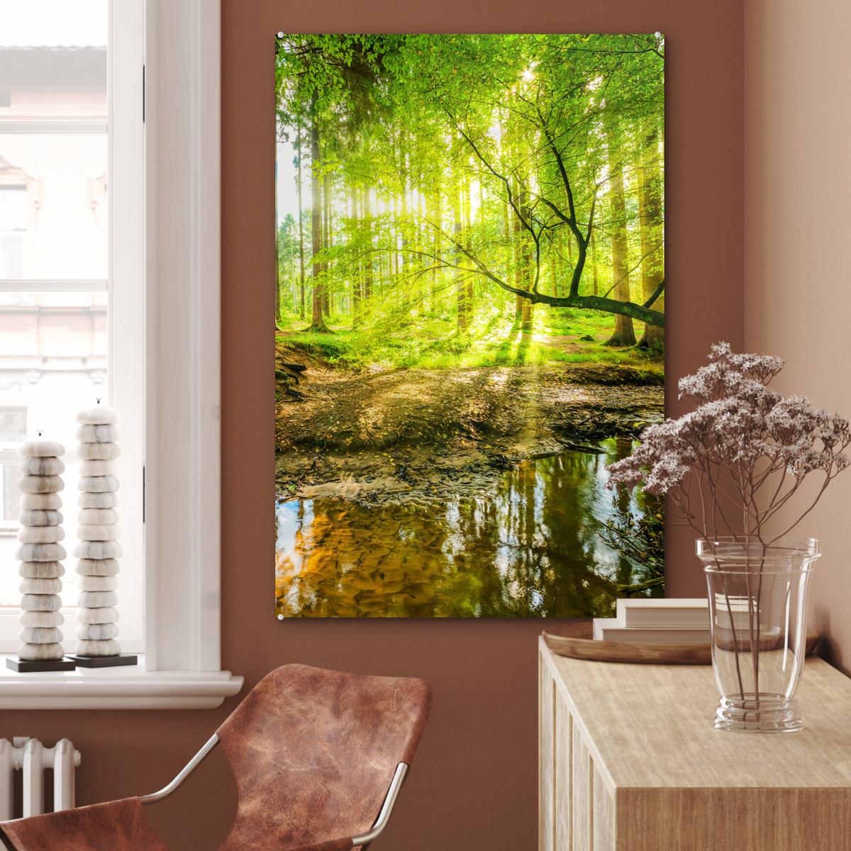 ACRYLGLASBILD Wald - Landschaft - Wasser - Bäume - Sonne - Grün - Natur 80x120 cm - Grün, Glas (80/120cm) - MuchoWow
