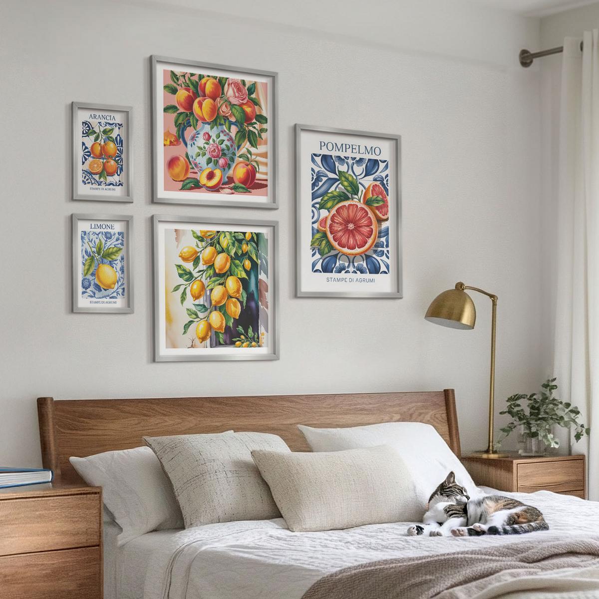 BILDER SET 5er Set - 50x50 cm & 20x30 cm & 40x60 cm Silberner Rahmen - Illustrationen von Zitrusfrüchten - Silberfarben, Kunststoff (40/60cm) - TULUP