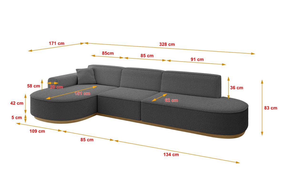 ECKSOFA Ottomane Links MARI-L2-v2 - 328x171x83 cm Grau Bouclé - Grau, Holzwerkstoff/Textil (328/171cm) - ALTDECOR