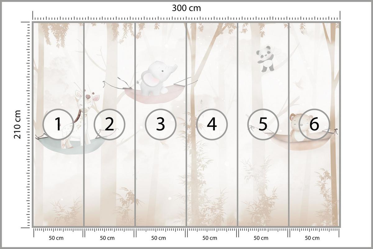 FOTOTAPETE für Kinderzimmer Tiere Hängematten WALD Elefant Giraffe 300x210 - Beige/Schwarz, Papier (300/210cm) - Muralo